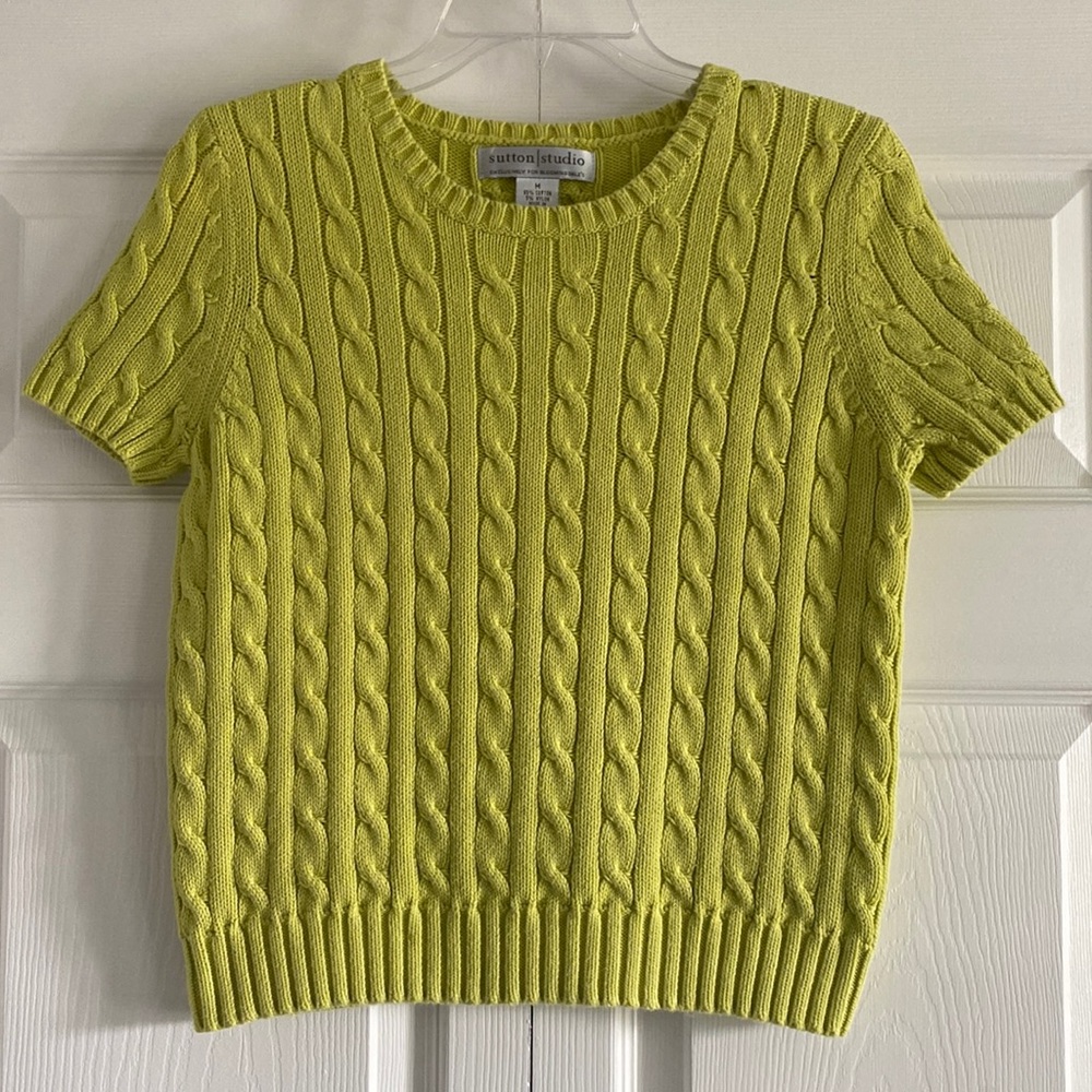 Sutton Studio Chartreuse Short Sleeve Cable Knit Sweater - Size Medium